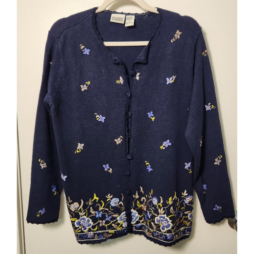 Vintage Classic Elements Women's Embroidered Blue Cardigan Lrg Button Front